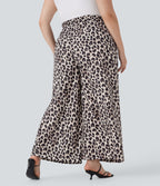Pantalon décontracté grande taille large fluide taille haute imprimé léopard avec cordon de serrage et poches latérales
