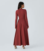 Robe longue décontractée à col montant, manches longues, plissée, avec poches latérales et coupe évasée
