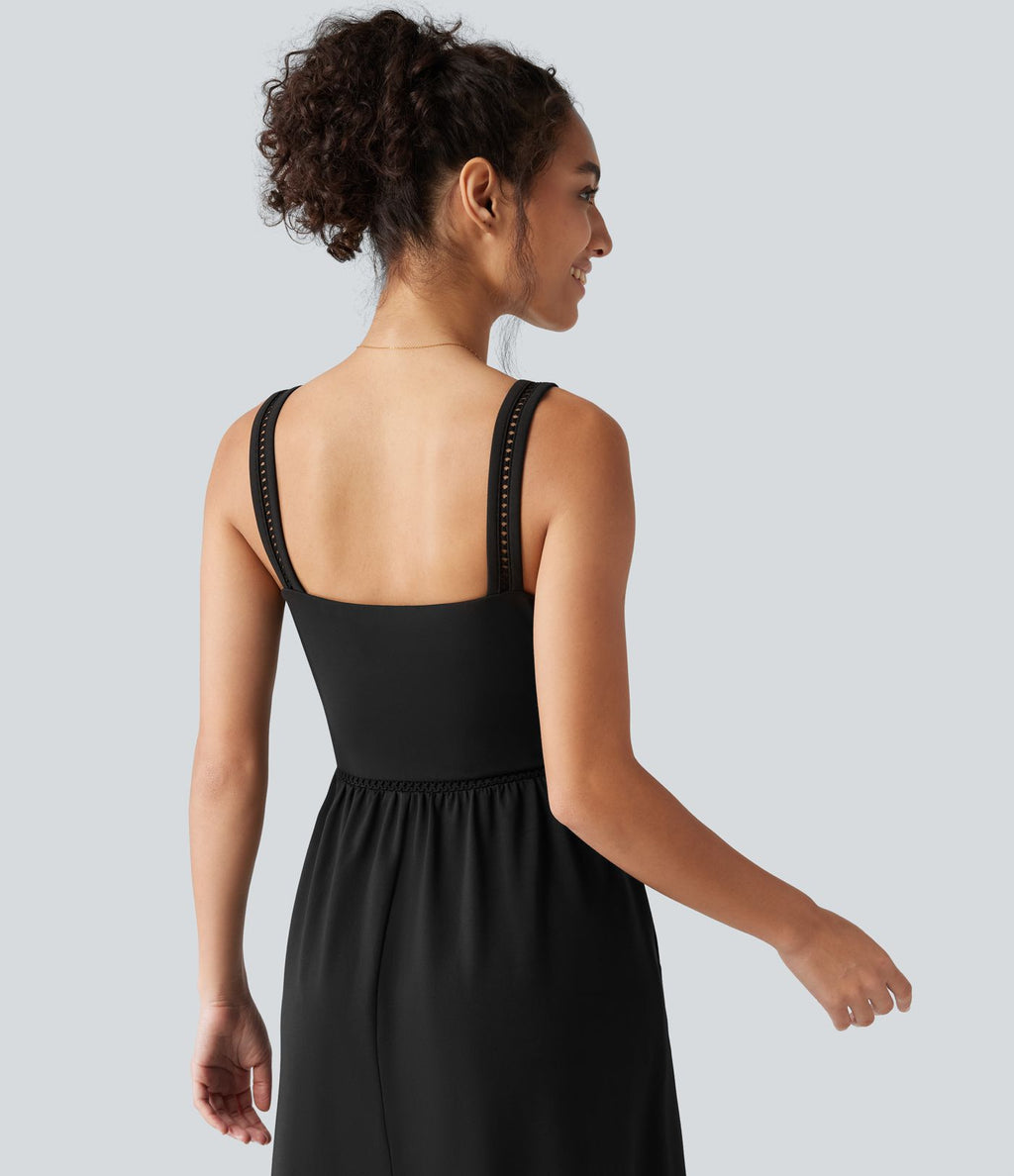 Robe midi fluide de vacances coupe trapèze à col carré avec découpes et poches