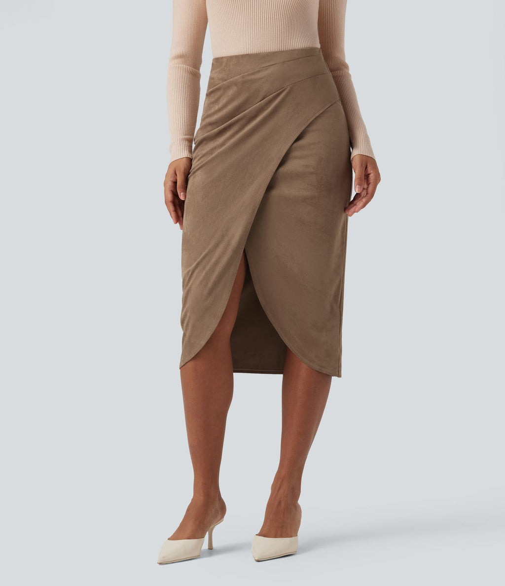 Jupe mi-longue décontractée suédine taille haute ourlet tulipe