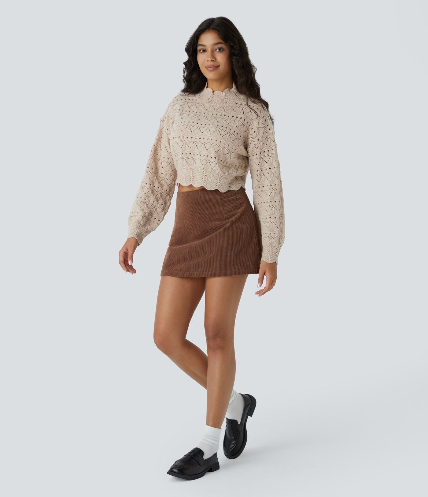 Pull décontracté à col montant, manches évêque, ourlet festonné et maille ajourée