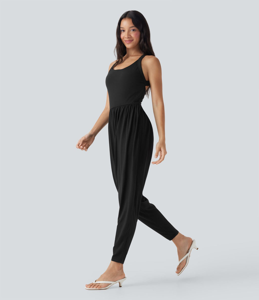 Combinaison sarouel décontractée dos nu torsadé avec brassière intégrée et poches - Édition Easy Peasy