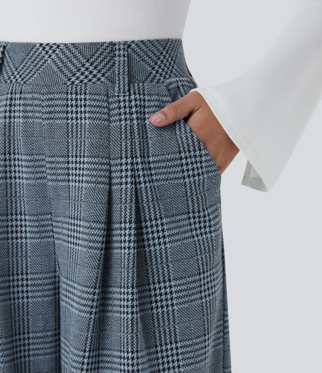 Pantalon taille haute décontracté large à carreaux, avec poches