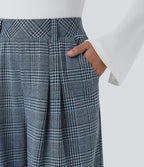 Pantalon taille haute décontracté large à carreaux, avec poches