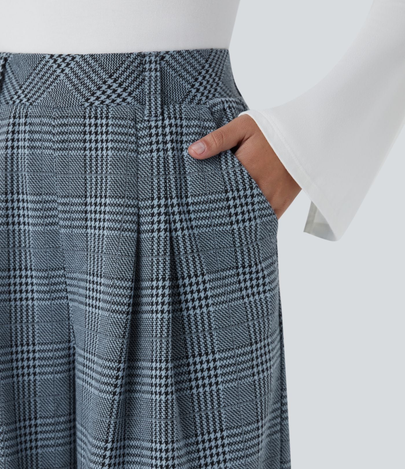 Pantalon taille haute décontracté large à carreaux, avec poches