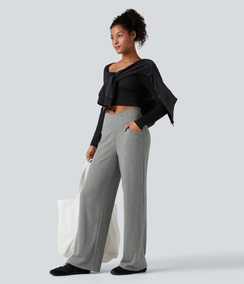 Pantalon droit décontracté côtelé croisé gainant taille haute avec poches