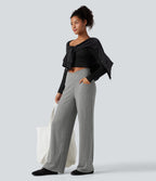 Pantalon droit décontracté côtelé croisé gainant taille haute avec poches