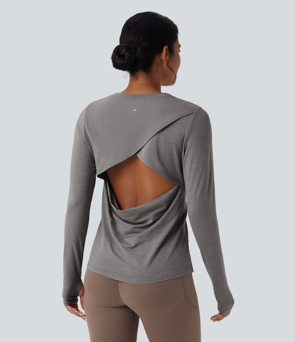 Haut de sport yoga dos nu manches longues avec trous pouces
