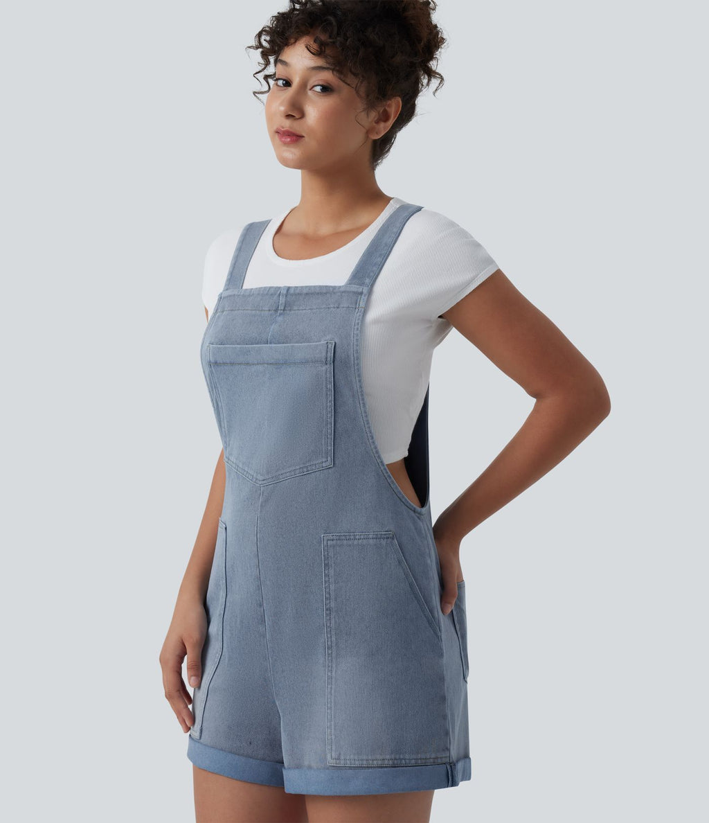 Halara Flex™ Salopette courte en denim encolure carrée ourlet retroussé avec poches