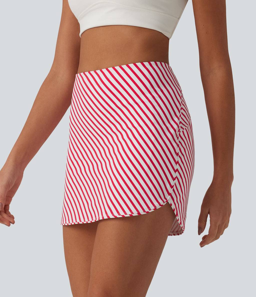 Jupe mini de tennis 2-en-1 à rayures taille haute avec ourlet arrondi et poches