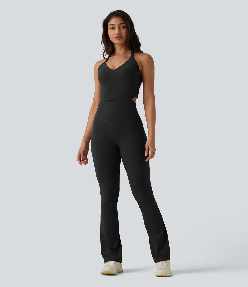 Combinaison de sport Halara UltraSculpt™ dos nu torsadé, effet ventre plat et fessier galbé, coupe bootcut, avec poches — Édition Easy Peasy