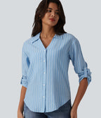 Chemise casual à rayures aspect lin col V manches longues retroussables et ourlet arrondi