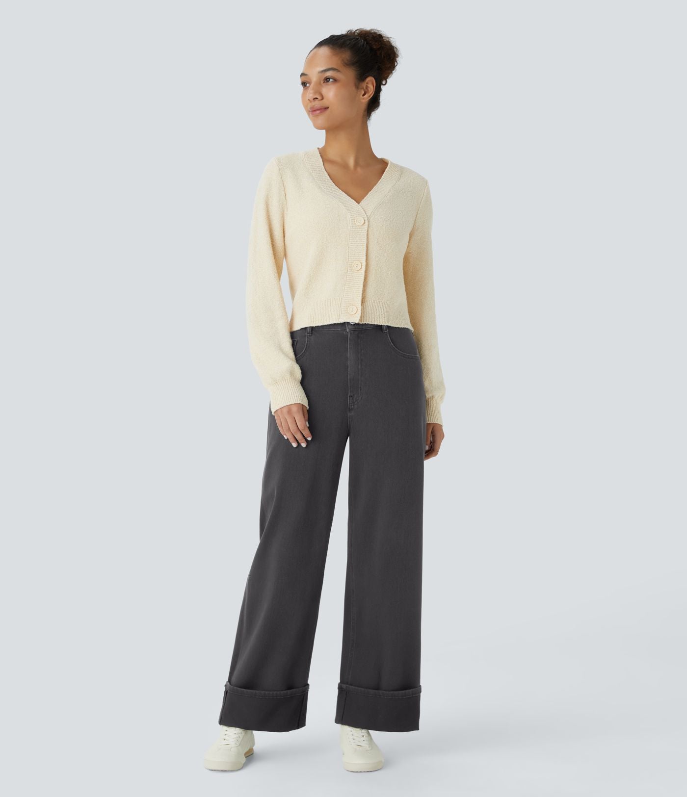 Jean décontracté Halara Flex™ effet chevron taille haute, jambes larges, ourlet roulotté et poches multiples
