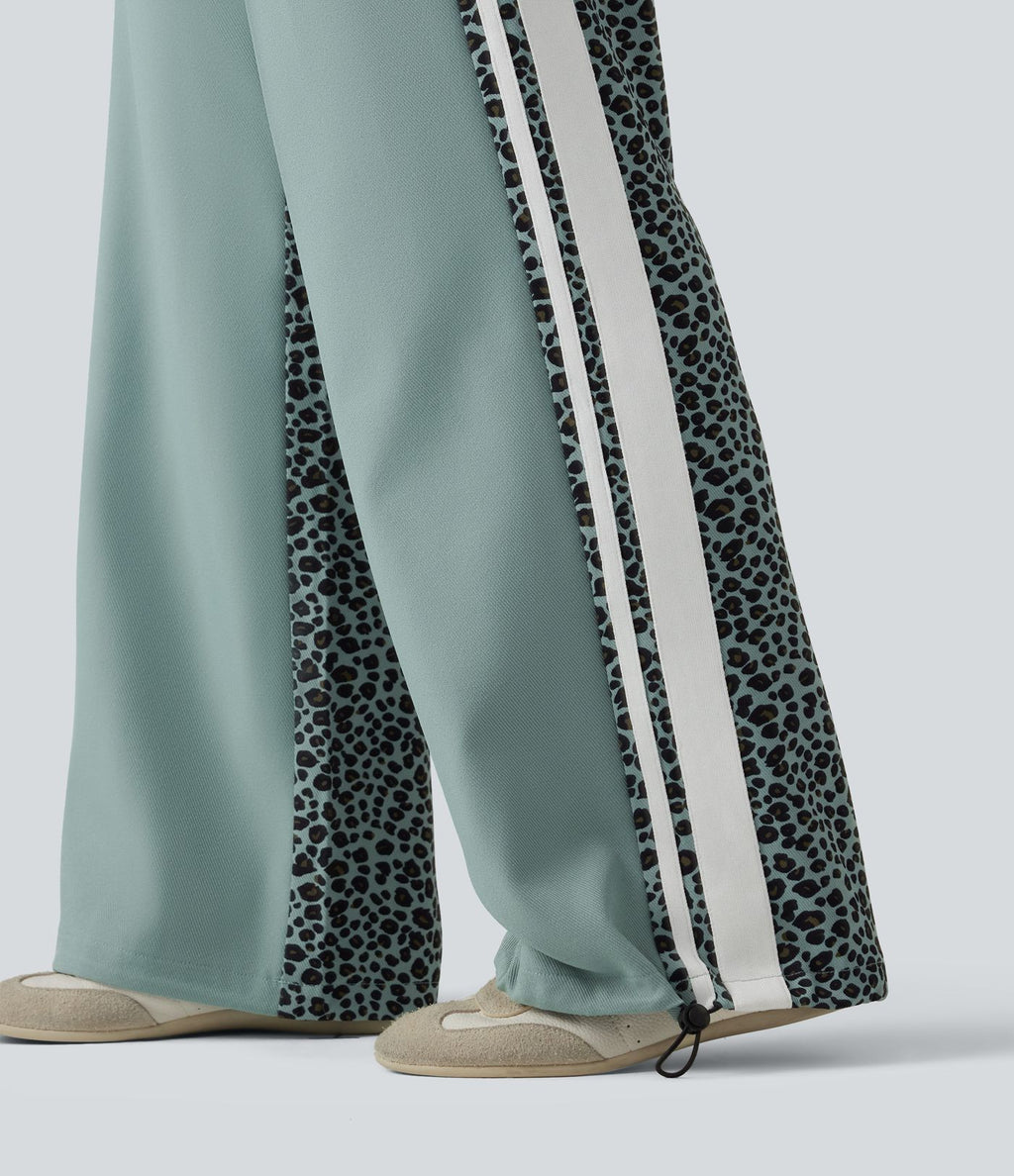 Pantalon ample décontracté taille mi-haute avec cordon de serrage color block rayures léopard contrastant avec poches