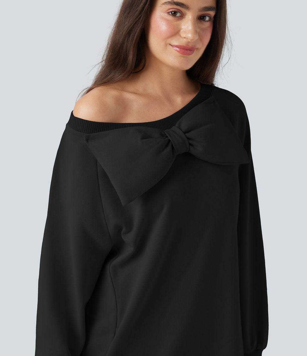 Sweat-shirt coton col bateau nœud manches longues avec poches