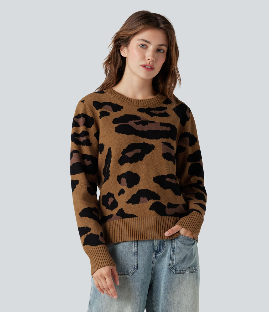 Pull col rond manches longues imprimé léopard