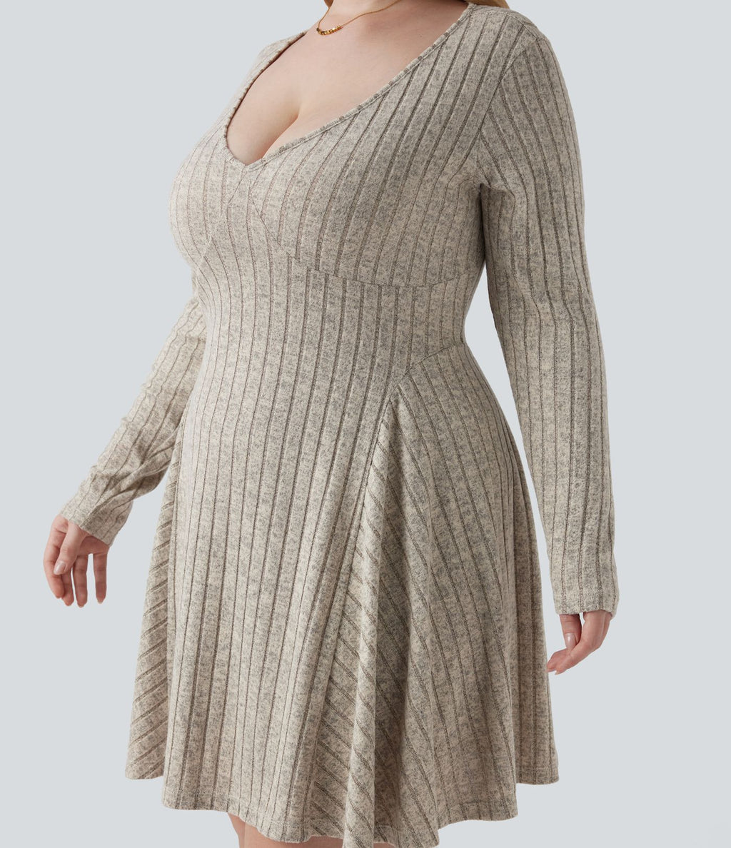 Robe mini évasée grande taille col V en maille côtelée à manches longues