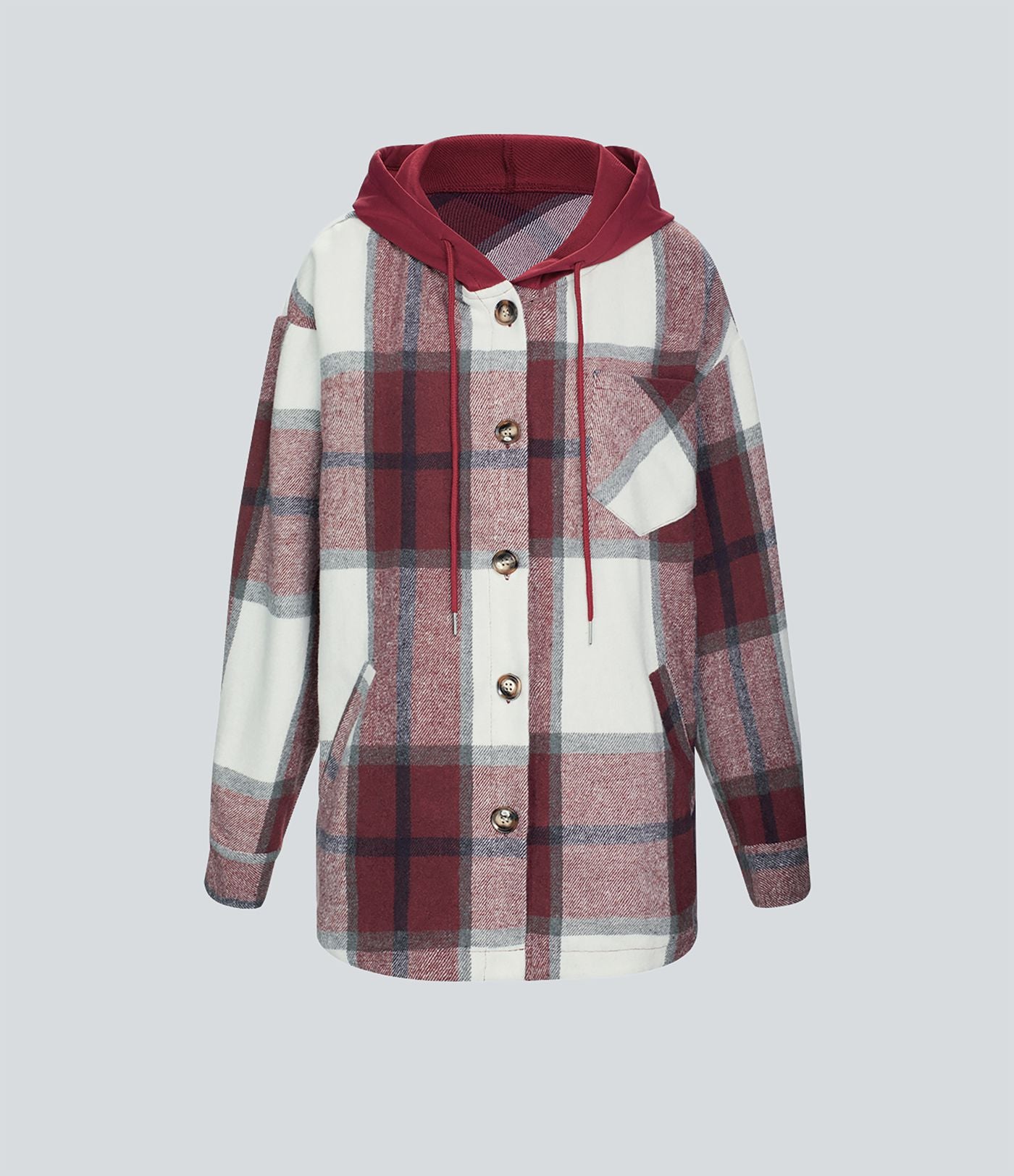 Veste de Casual à Carreaux en Polaire à Capuche avec Cordon de Serrage Boutons et Poches Latérales