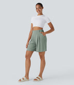 Bermuda Large Fluide Taille Haute avec Plis et Poches Latérales en Lin Synthétique