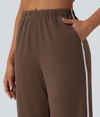 Pantalon large casual color block taille haute à ourlet arrondi avec poches