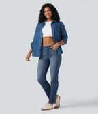 Jean décontracté Halara Flex™ taille basse à jambes droites avec bouton, fermeture éclair, multiples poches, effet délavé en maille extensible