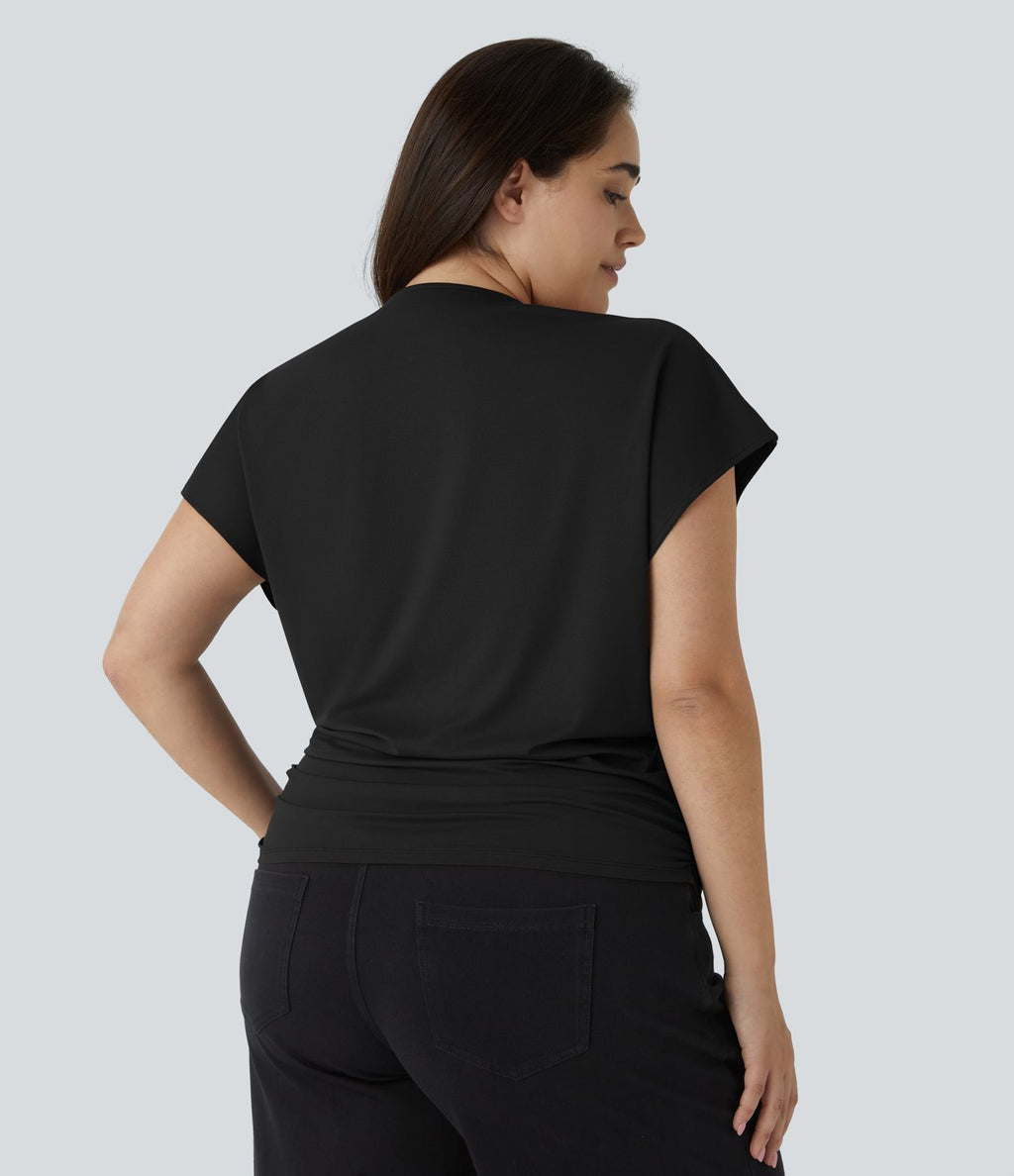 Blouse Travail Unie Froncée Croisée Manches Courtes Col en V Grande Taille