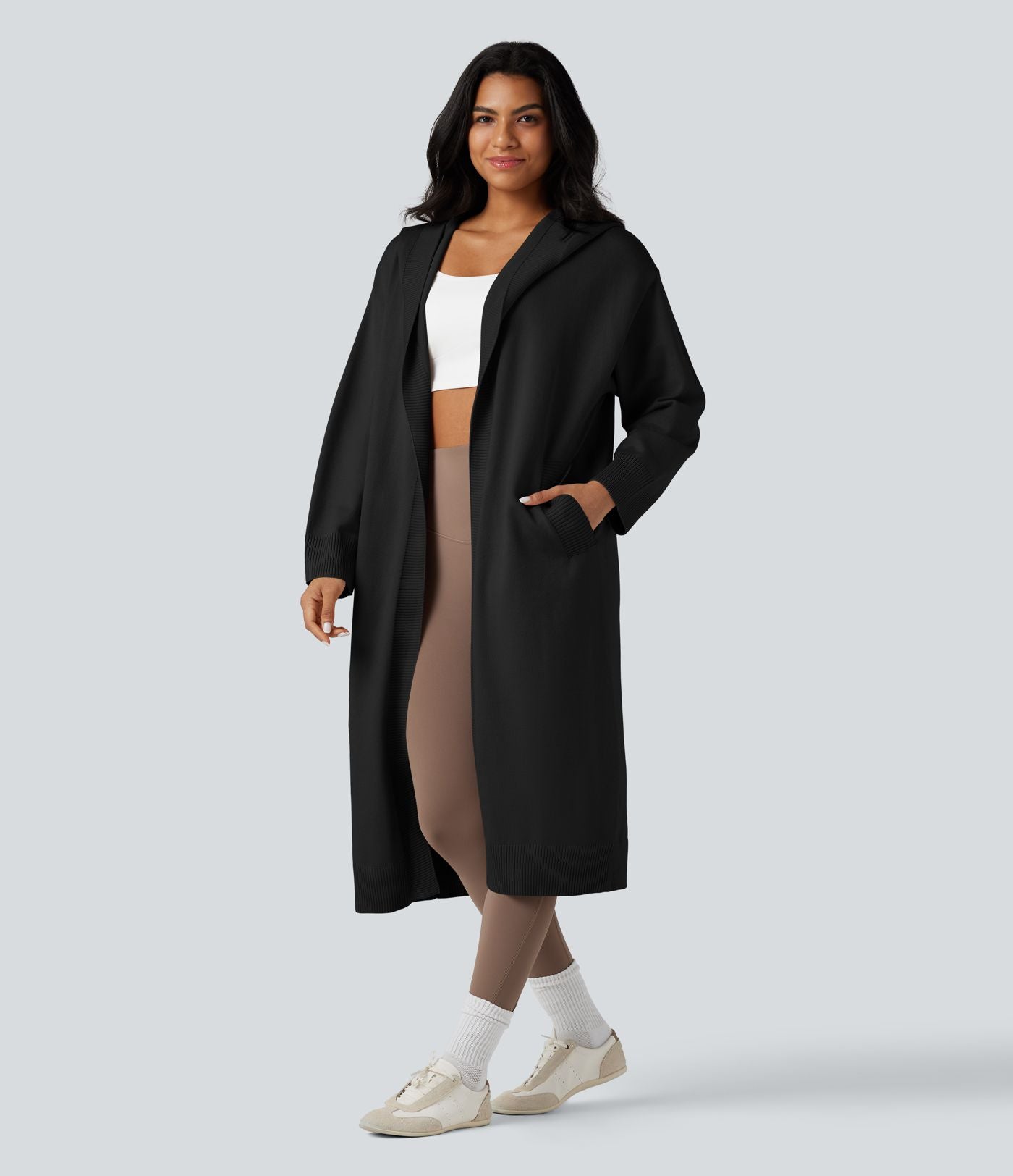 Cardigan long à capuche manches longues avec poches