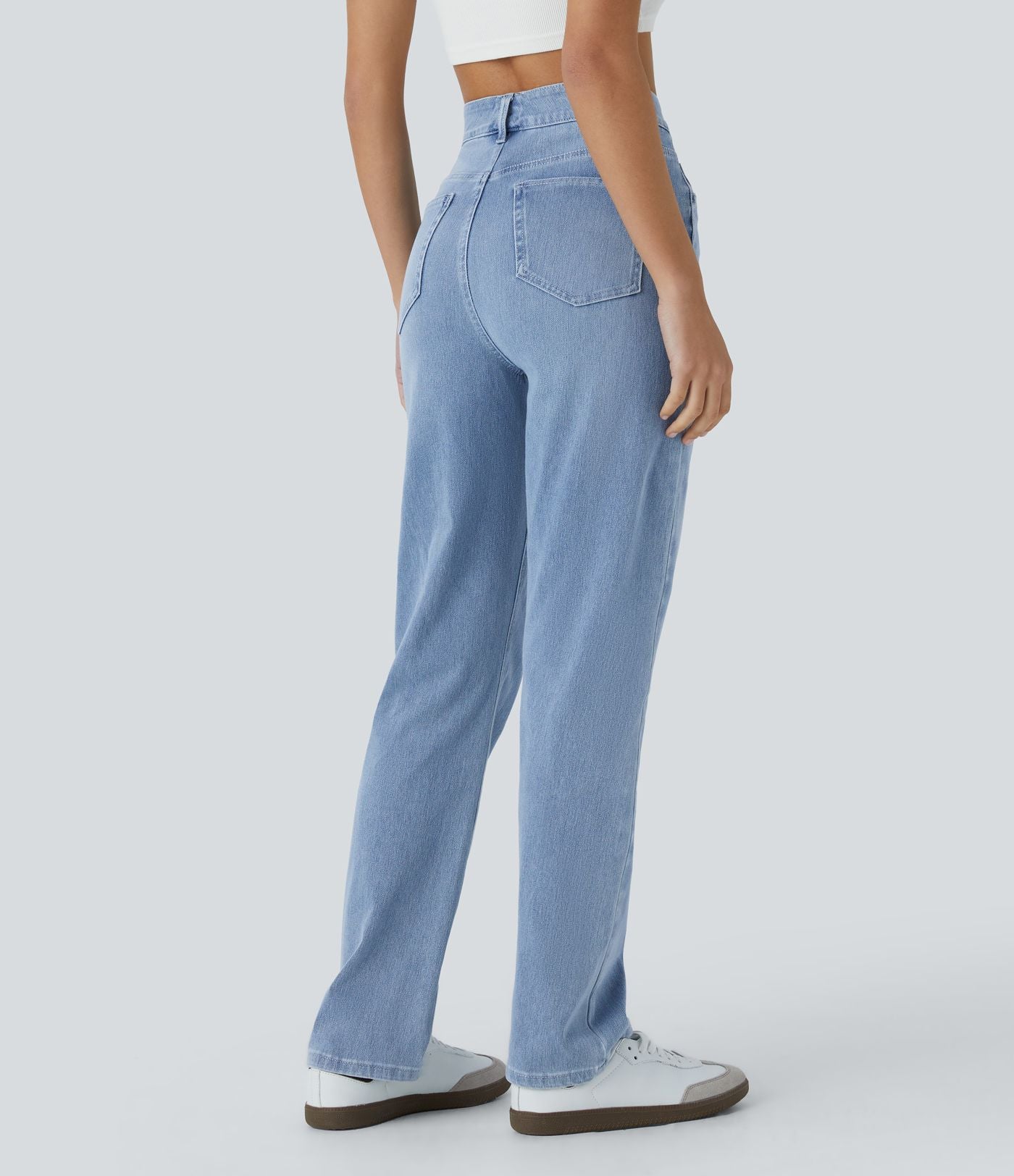 Jean droit slim Halara Flex™ taille haute avec multiples poches effet frais InstantCool en maille denim extensible délavée