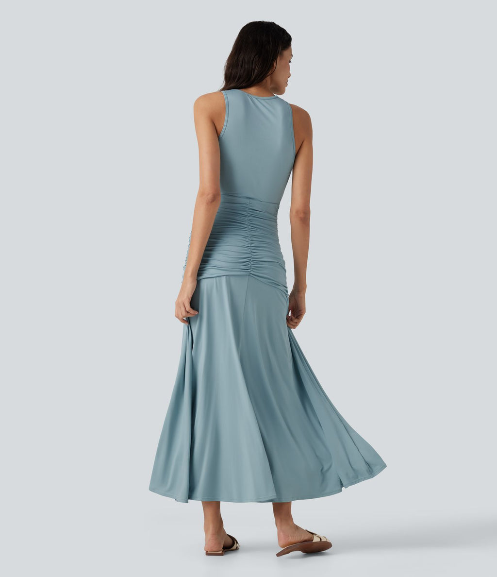 Robe maxi casual fluide sans manches col rond avec fronces et taille croisée