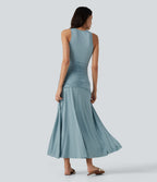 Robe maxi casual fluide sans manches col rond avec fronces et taille croisée