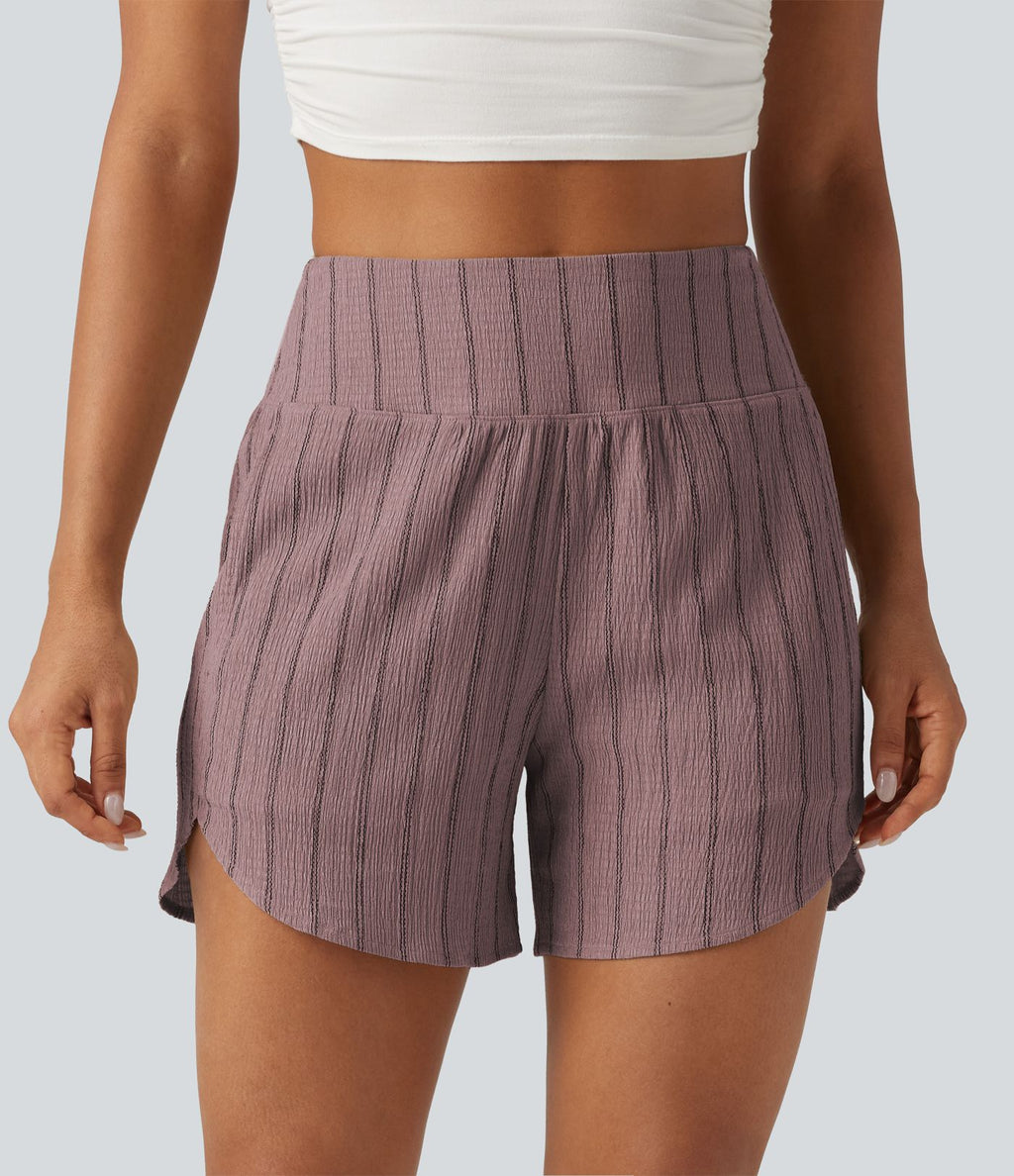 Short casual taille haute ourlet arrondi rayures avec poches