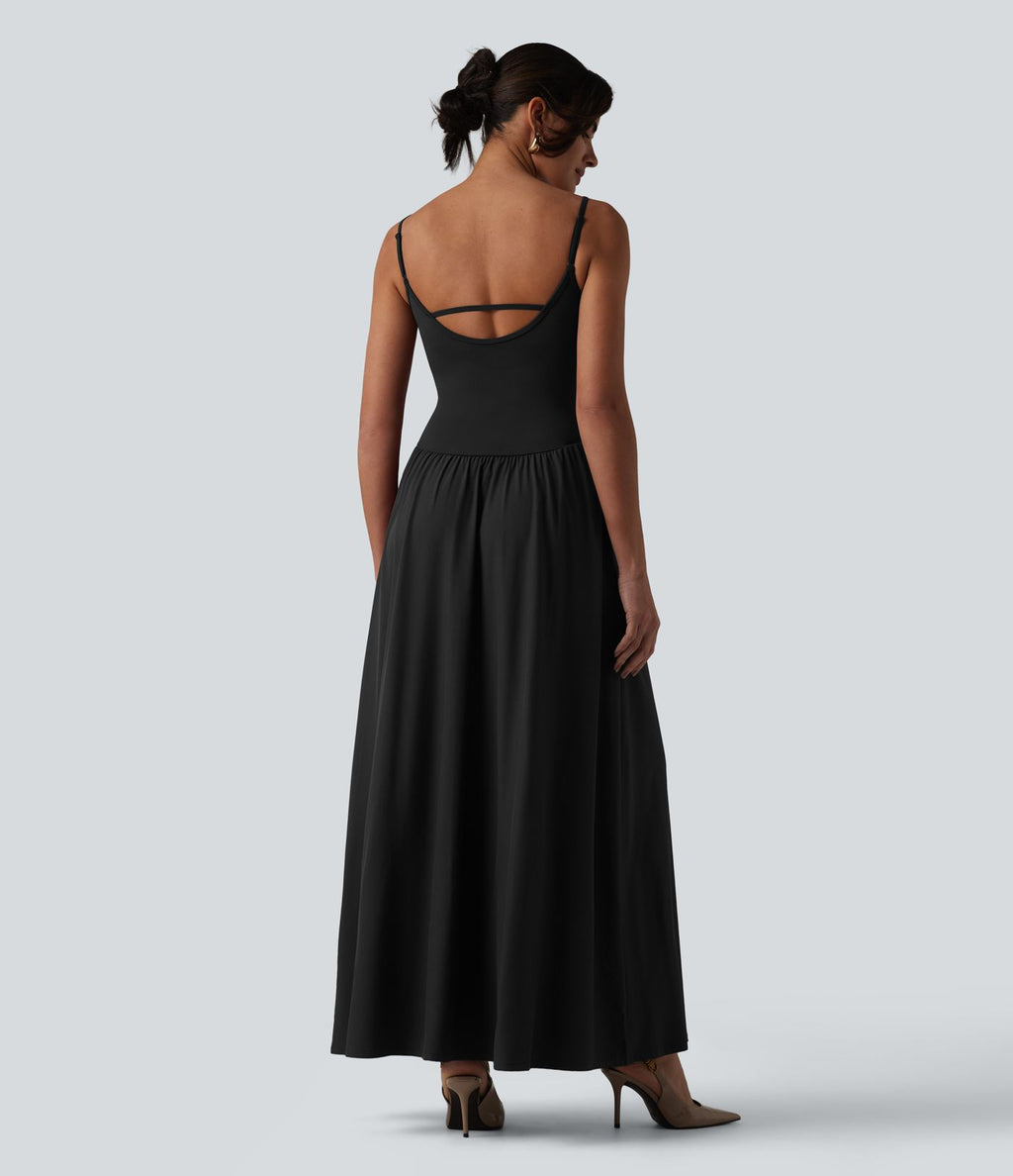 Robe nuisette maxi fluide Breezeful™ à séchage rapide dos nu avec bretelles ajustables, fronces et brassière intégrée - Demoiselle d'honneur et invitée de mariage