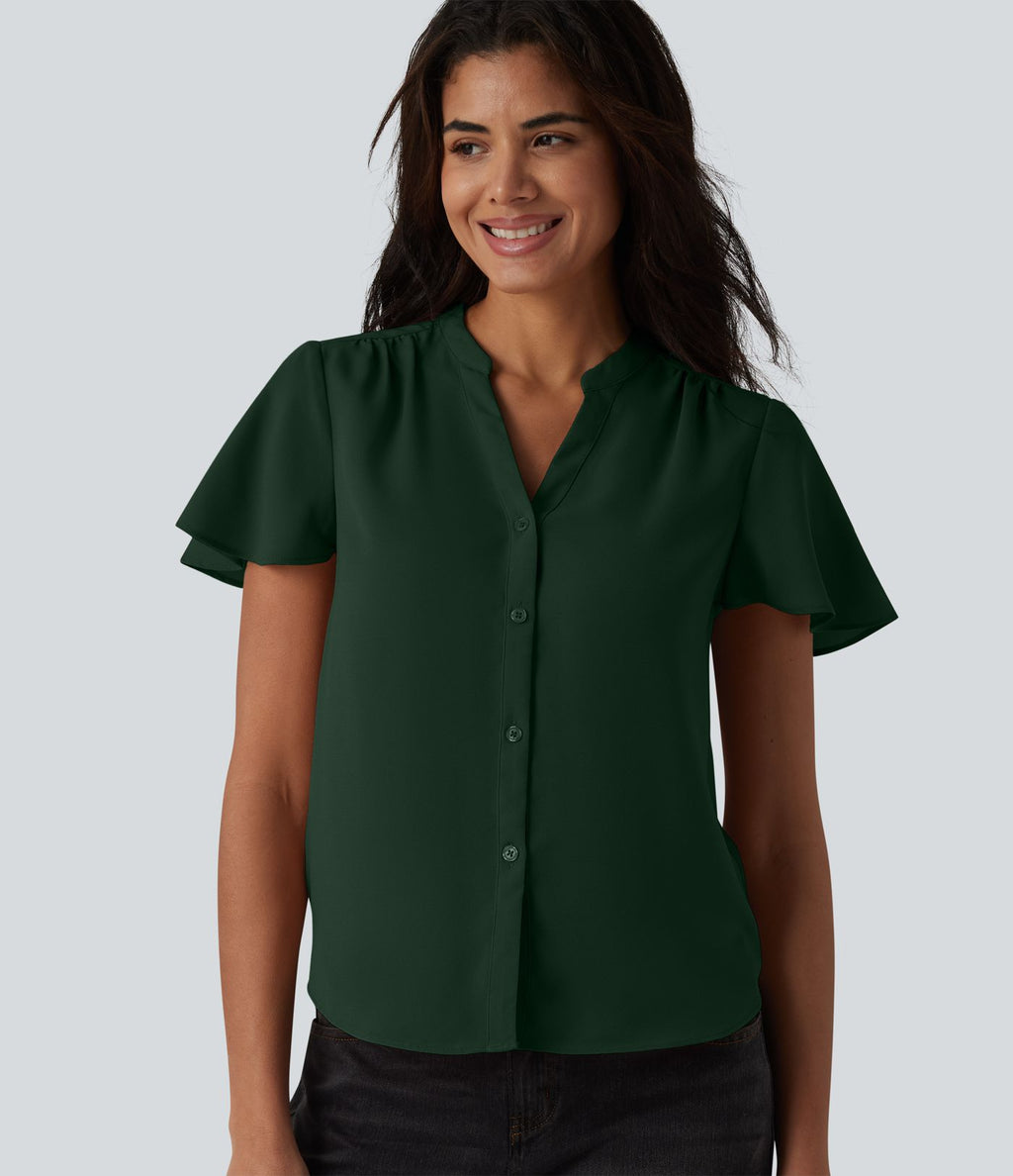 Blouse casual col V à manches volantées et ourlet arrondi