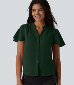 Blouse casual col V à manches volantées et ourlet arrondi