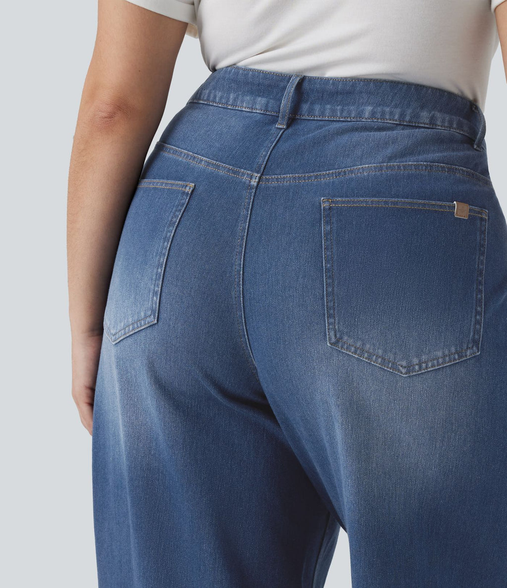 Jean large Halara Flex™ ample casual délavé taille haute asymétrique grande taille avec poches