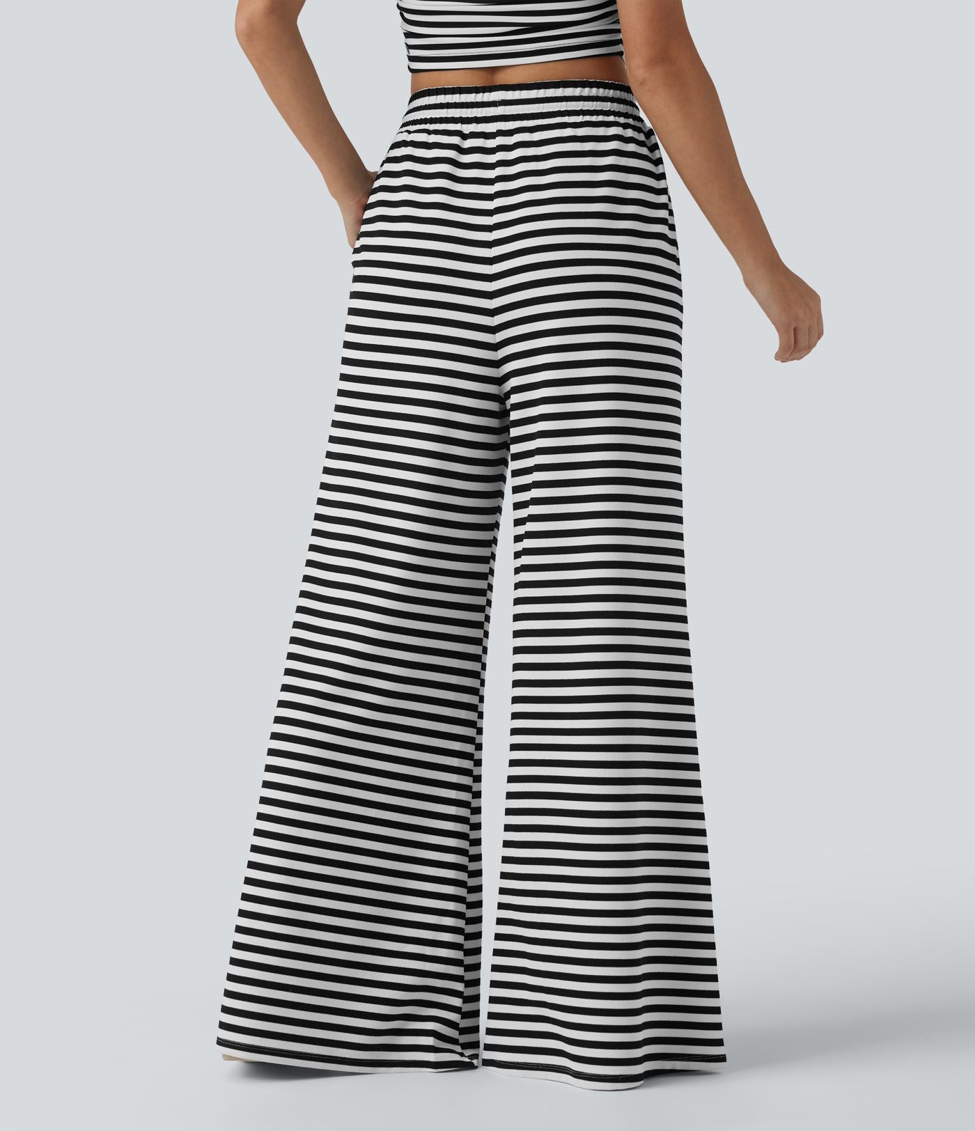 Pantalon large casual à rayures en maille gaufrée taille haute avec cordon de serrage et poches