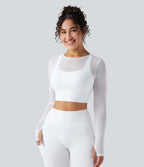 Haut de sport yoga cropped 2-en-1 manches longues mesh contrastant à trous pouces