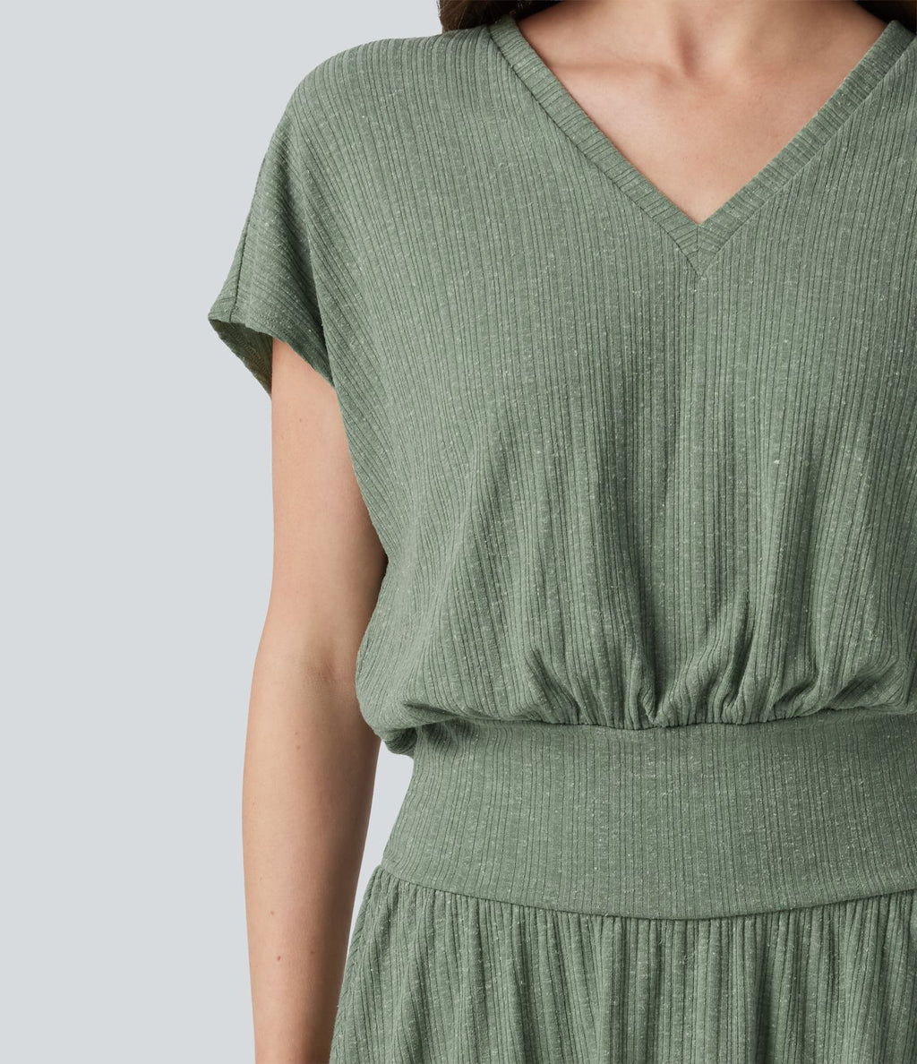 Robe mini décontractée 2-en-1 en maille côtelée mélange de lin, col V, manches courtes, coupe fluide