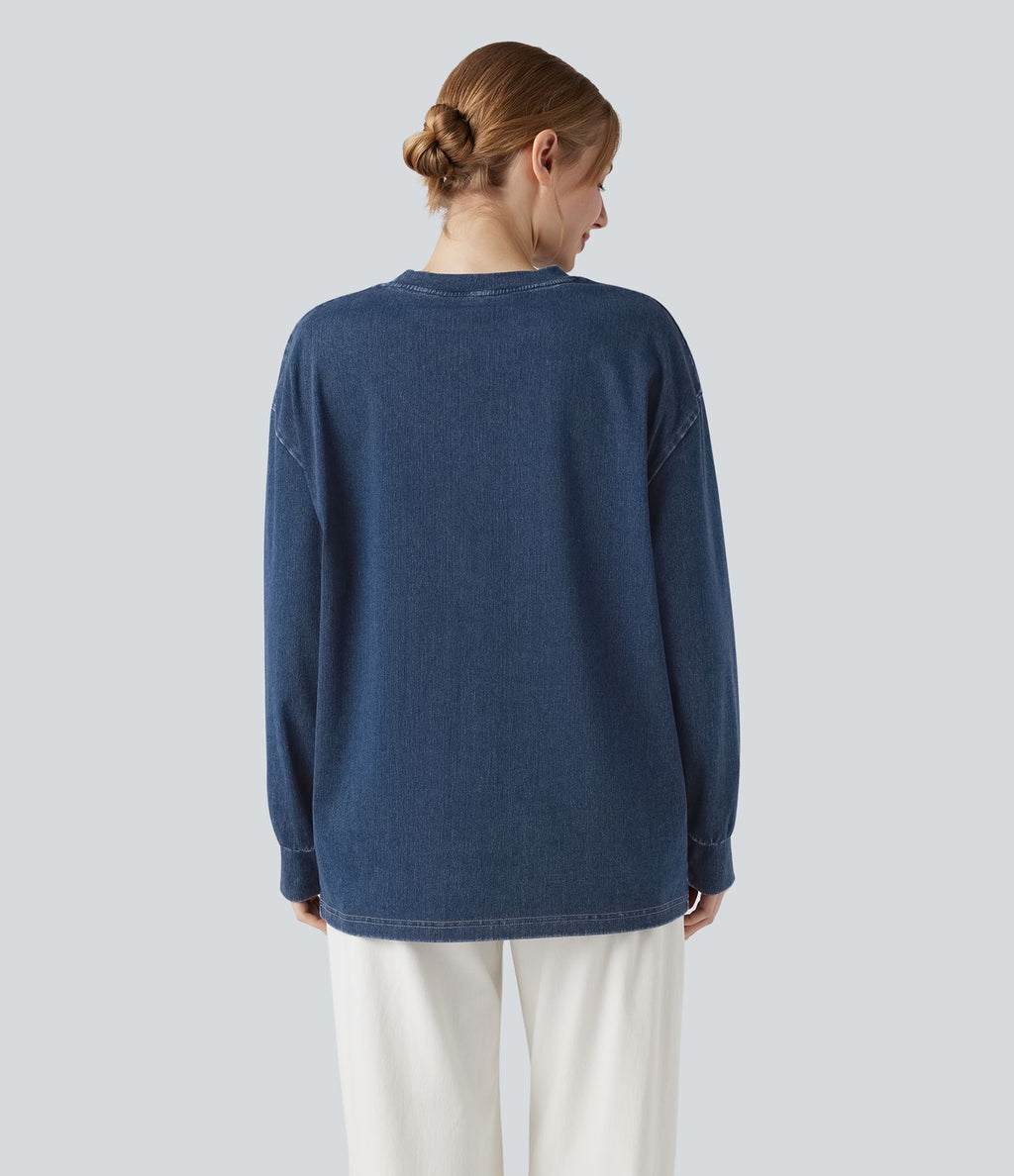 Halara Flex™ T-shirt casual délavé en denim à col rond et manches longues