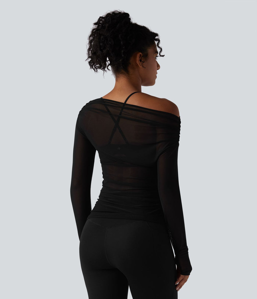 Haut de yoga asymétrique manches longues mesh avec ouverture pouce