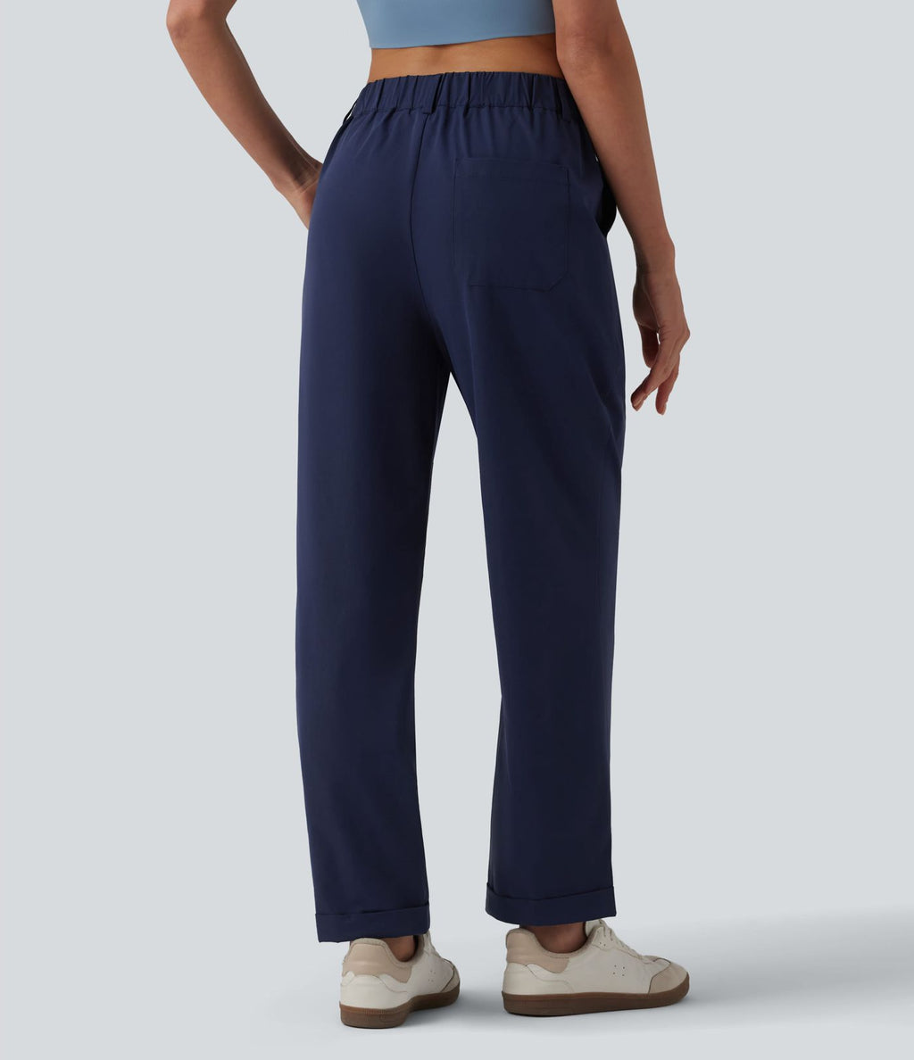 Pantalon casual fuselé 7/8 taille mi-haute plissé en popeline extensible à ourlet retroussé avec poches