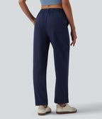 Pantalon casual fuselé 7/8 taille mi-haute plissé en popeline extensible à ourlet retroussé avec poches