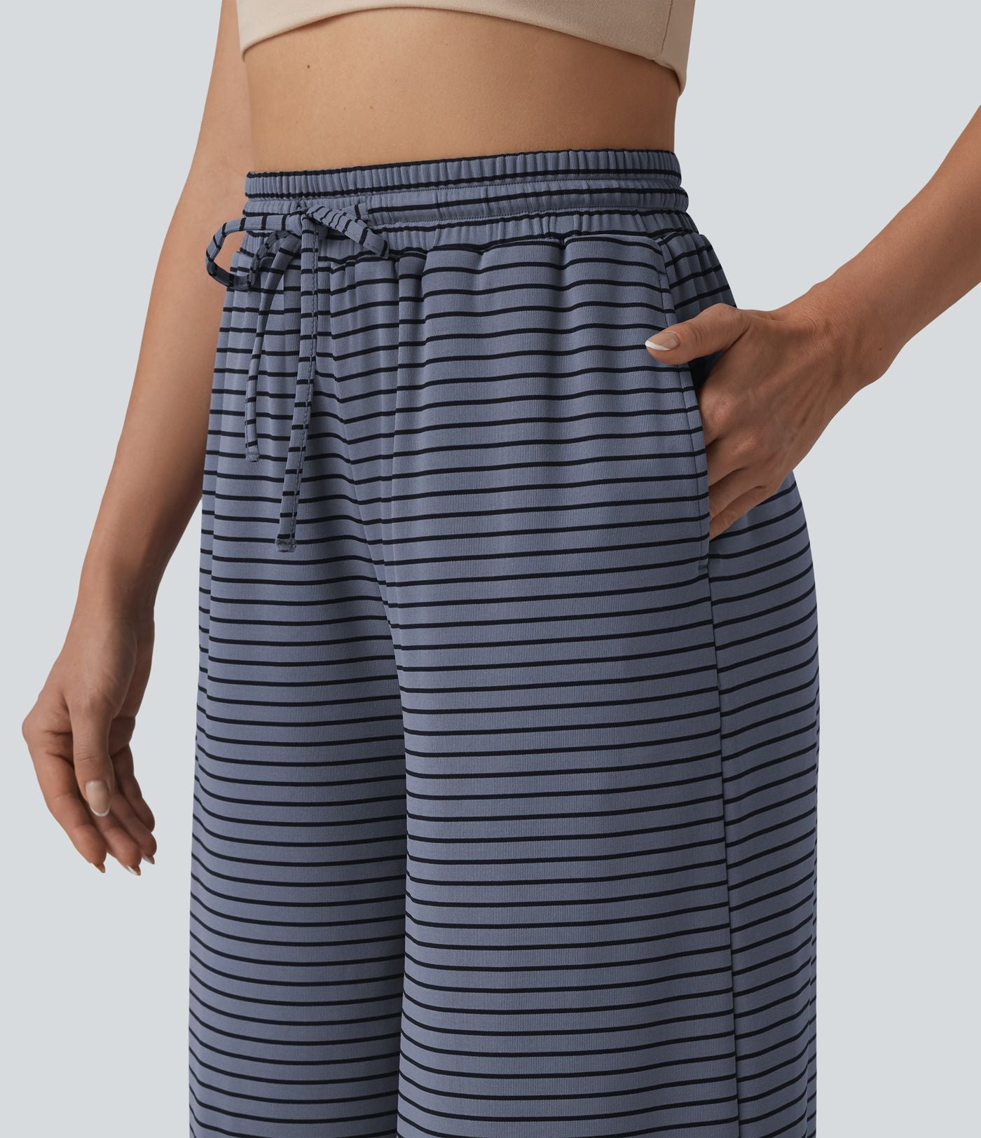 Pantalon large fluide décontracté taille haute rayé en maille côtelée avec cordon de serrage et poches