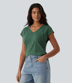 T-shirt casual chiné col V à manches courtes chauve-souris