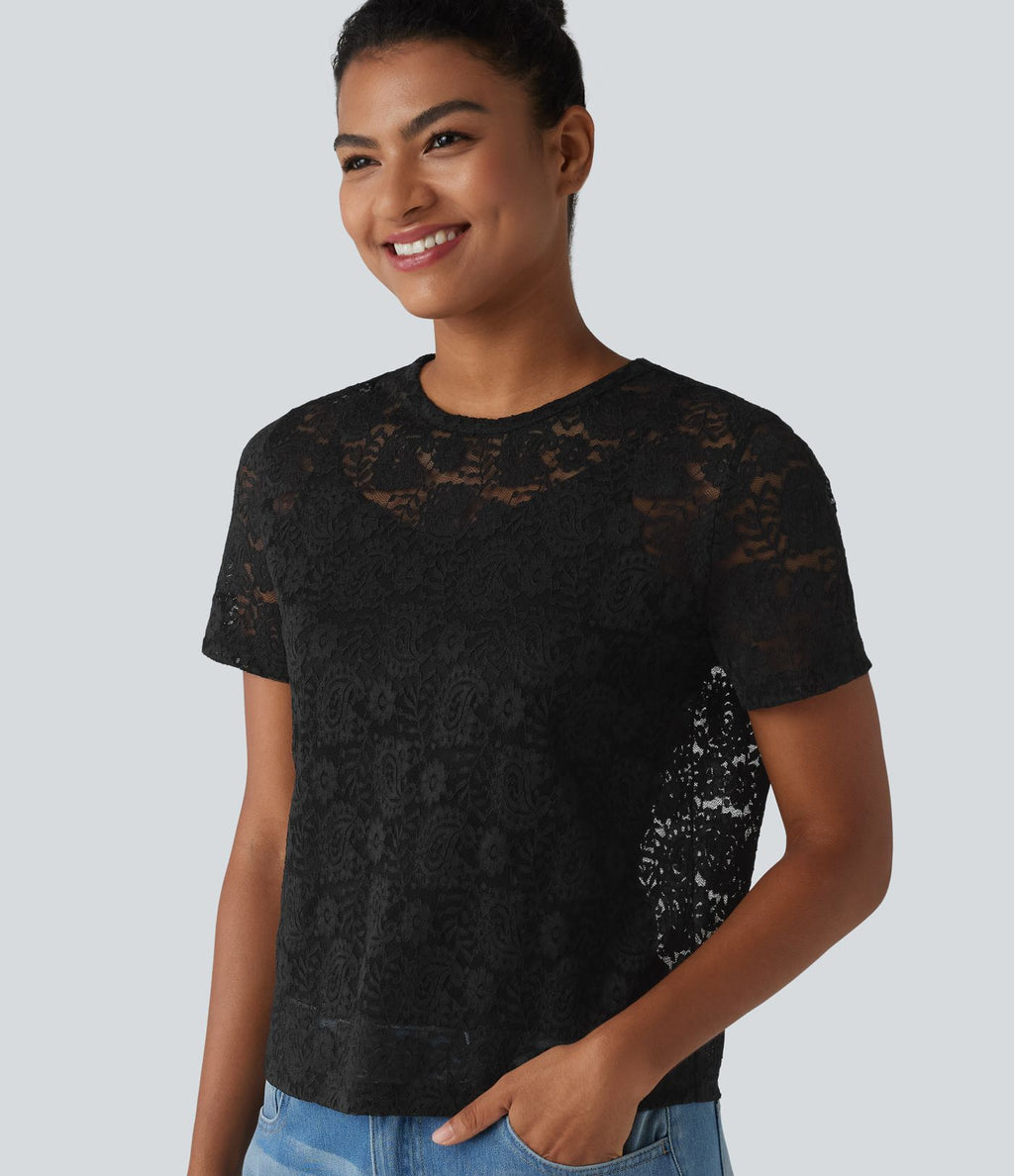 T-shirt casual 2-en-1 en dentelle col rond à manches courtes