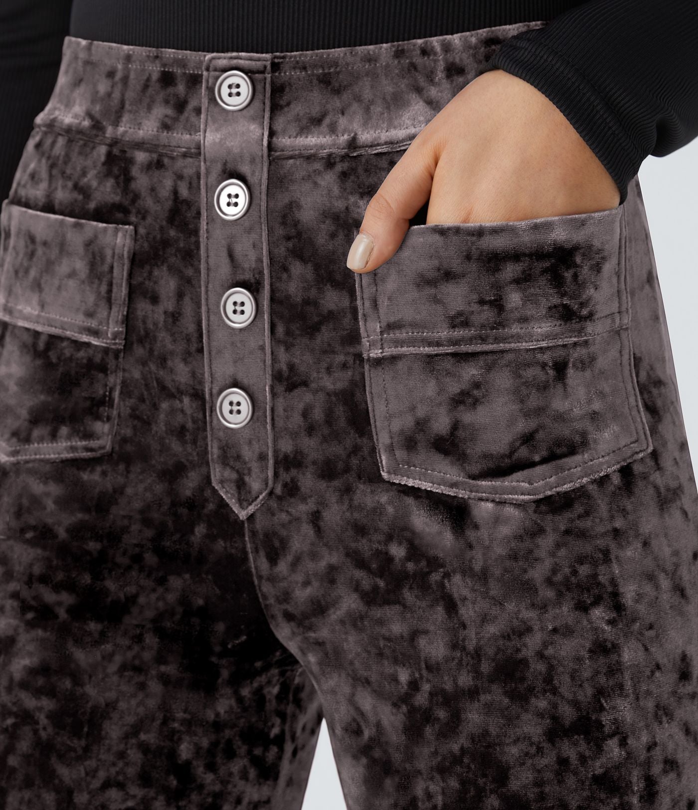 Pantalon Casual en Velours Taille Haute avec Bouton Multipoches Droites