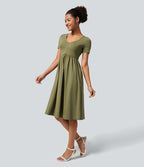 Robe Casual Midi Col en V Boutons Décoratifs Manches Courtes Poches Latérales et Plis