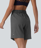 Short de yoga plissé taille haute avec ceinture élastique, cordon de serrage et poches 17,5 cm