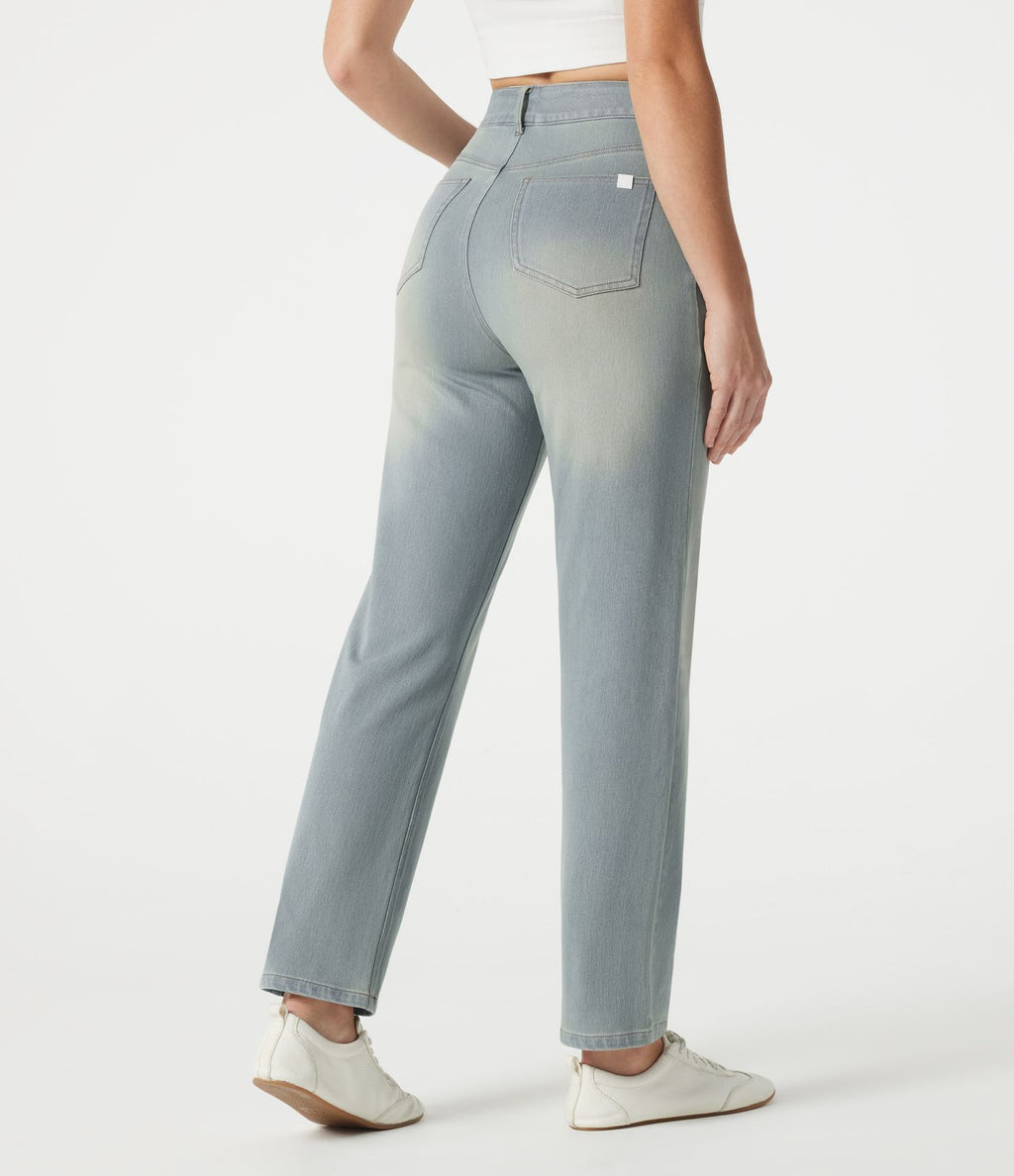 Jean droit Halara Flex™ à taille haute, poches multiples, effet délavé et tissu extensible