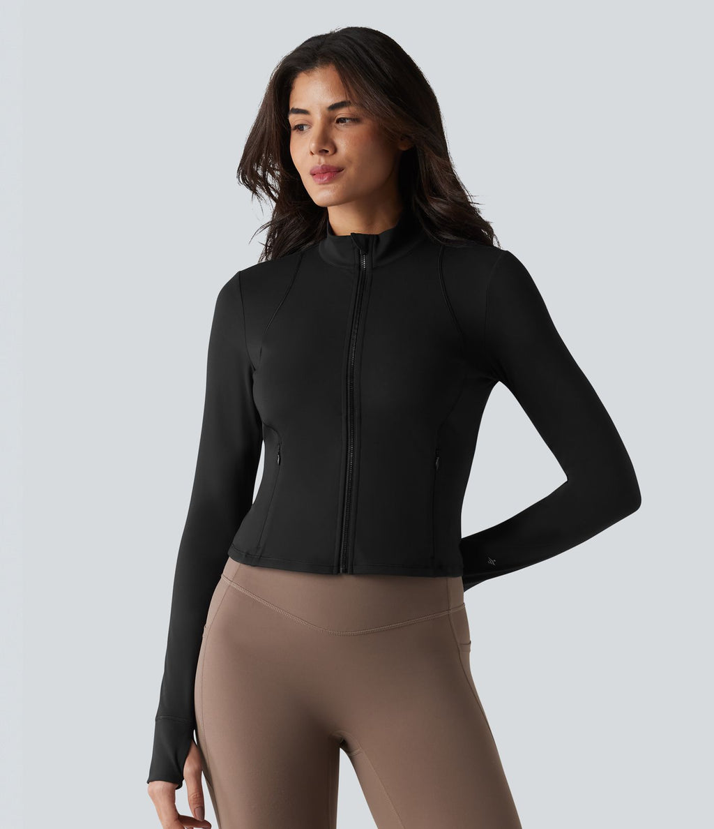 SoftlyZero™ Plush Veste de yoga col montant à manches longues avec trous pour les pouces, dos torsadé, empiècements en mesh respirant et poches
